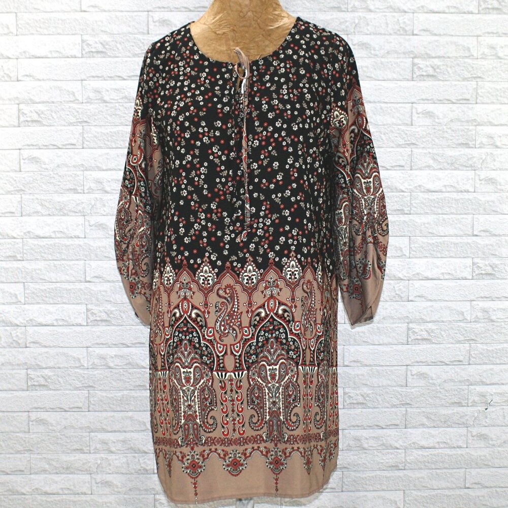 WEST KEI Dress Mini Boho Paisely Floral Flowy Tunic Black Tan Western Medium